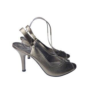 Tahari Lacey Open Toe Heeled Slingback Shoes Pewter Silver Women's 10